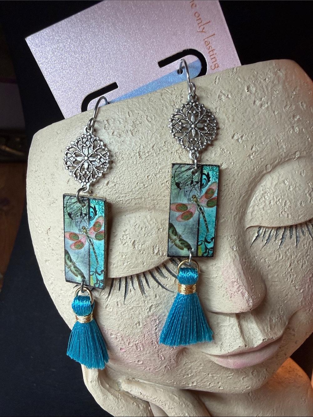 Handcrafted Turquoise Tassel Dangle artboard Earrings - Floral Rectangle Design
